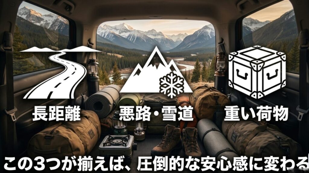 長距離移動、悪路や雪道、重い荷物の3条件がそろうと、デリカのディーゼルは大きな安心感につながることを示すスライド