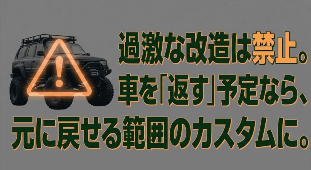 ルーフキャリアを装着した黒いSUVの横にオレンジ色の警告マークが表示され、「過激な改造は禁止。車を返す予定なら、元に戻せる範囲のカスタムに」と書かれたスライド