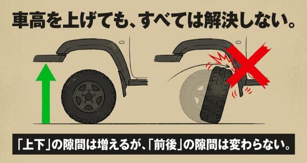 リフトアップで上下の隙間は増えても、ハンドルを切った時の前後方向の干渉は解決しないことを示した図