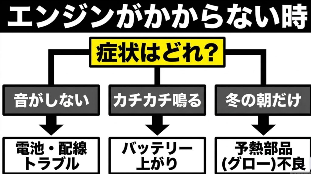 音がしない、カチカチ鳴る、冬の朝だけの違いで原因を見分けるフローチャート