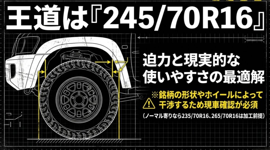 デリカD5の2インチリフトアップで245/70R16が迫力と使いやすさのバランスに優れることを示す図