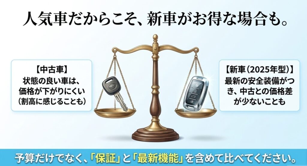 デリカD2は状態の良い中古車が割高になりやすく、保証と最新装備を含めると新車2025年型も有力だと示す比較スライド