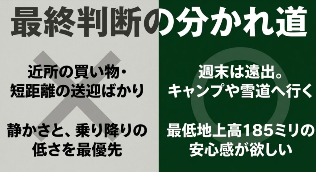 短距離中心で静かさを優先する人と、週末に遠出して雪道やキャンプへ行く人でデリカの向き不向きが分かれることを示すスライド
