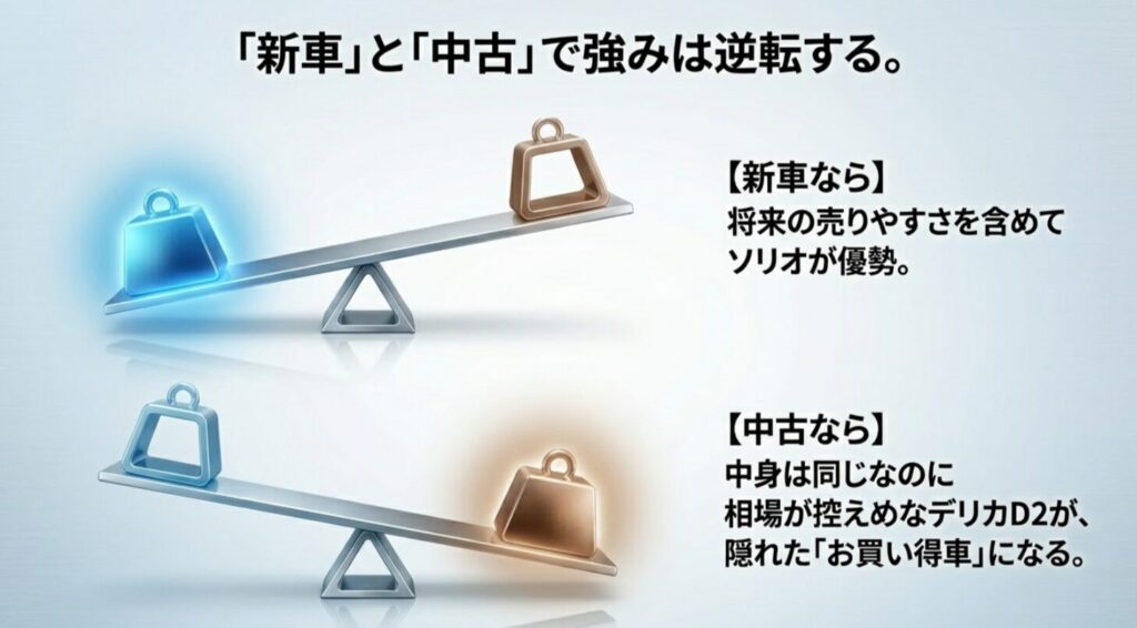新車ならソリオ、中古ならデリカD2が有利になりやすいと比較した天秤型のスライド