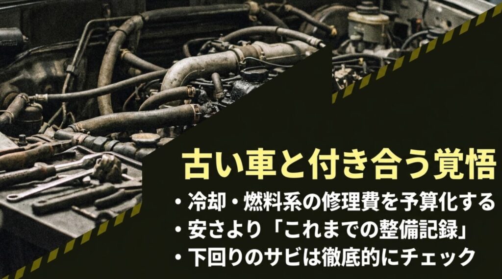 エンジンルームの写真と、冷却系や燃料系、整備記録、サビ確認の重要性をまとめたスライド