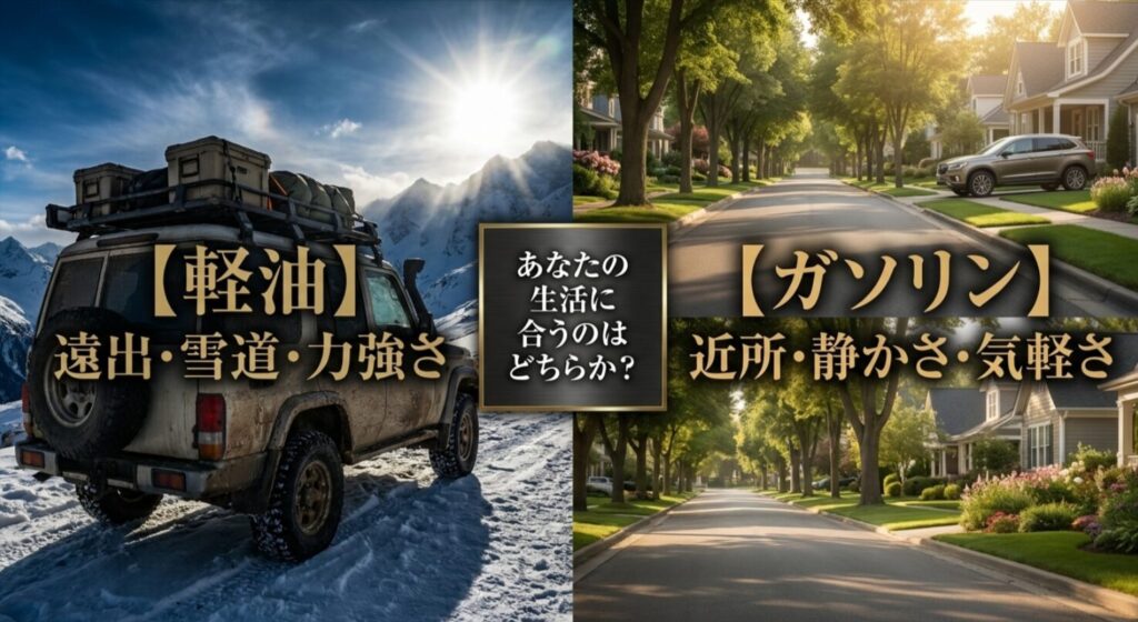 雪道の軽油車と住宅街のガソリン車を対比し、使い方で選ぶべきことを示す比較スライド