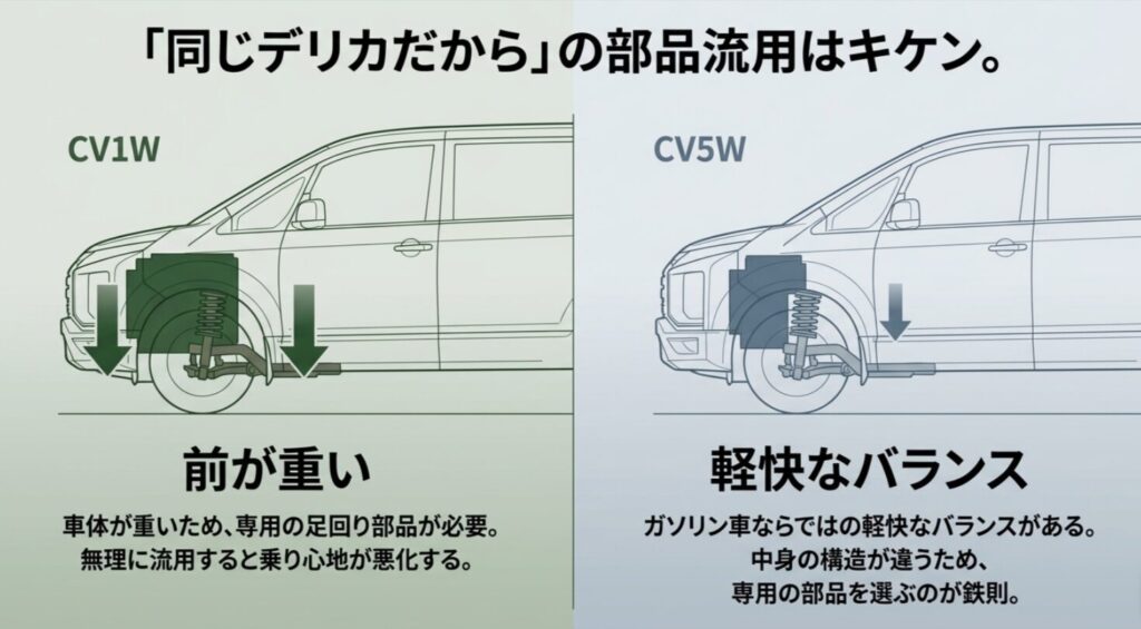 CV1Wは前荷重が重く、CV5Wは軽快なバランスのため、部品流用には注意が必要だと示すスライド