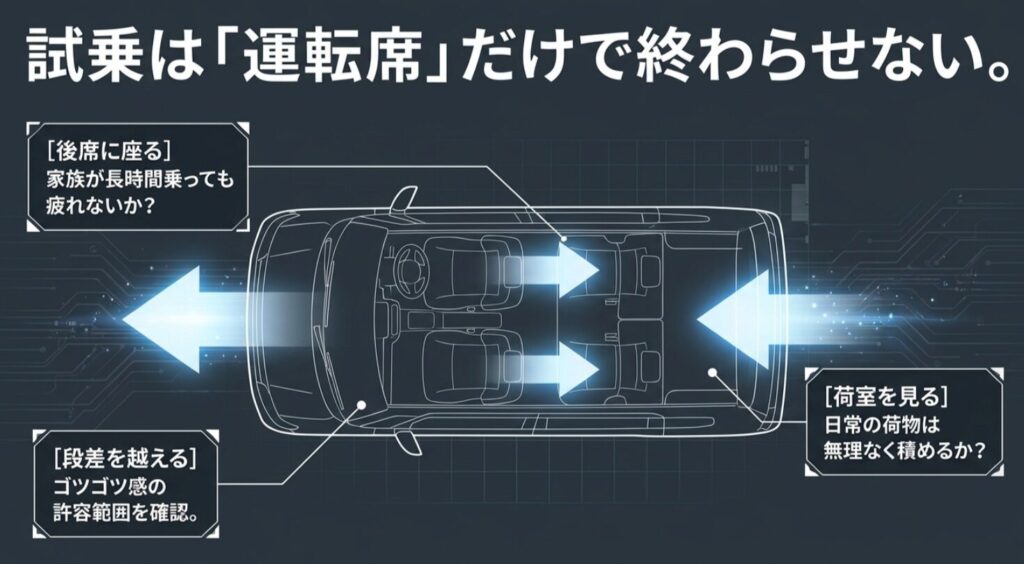 後席、段差、荷室の3点を中心に、試乗では運転席以外も確認すべきと示したスライド