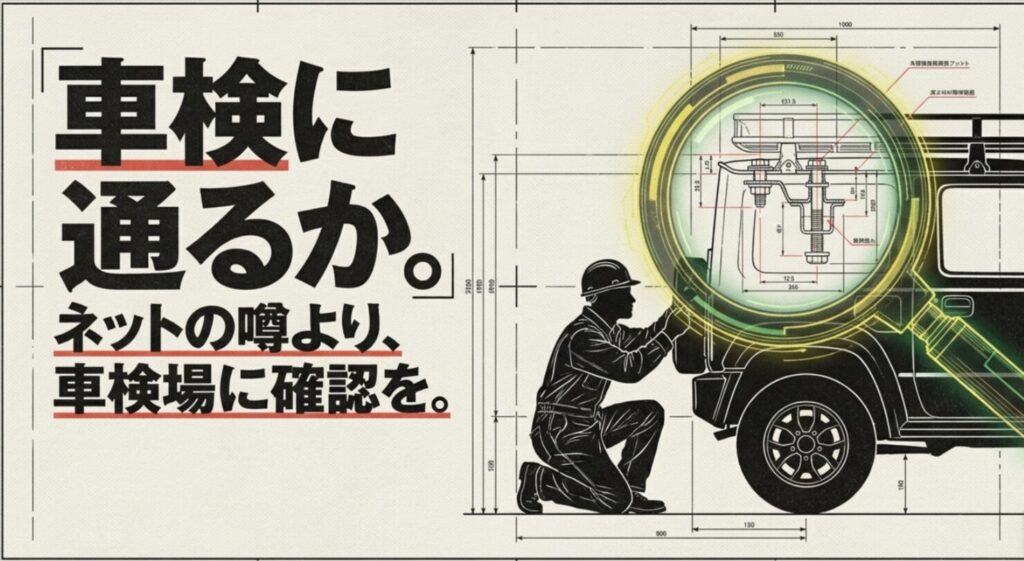ルーフテント装着車の車検はネット情報だけでなく、実際の車検先への確認が重要だと示すスライド