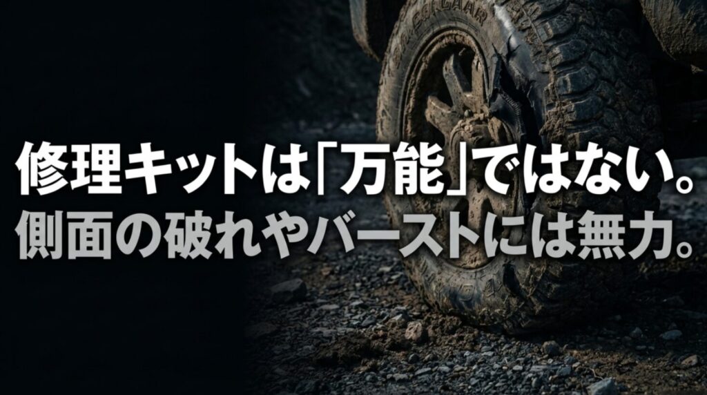 修理キットは万能ではなく、タイヤ側面の損傷やバーストには対応しにくいことを示すスライド