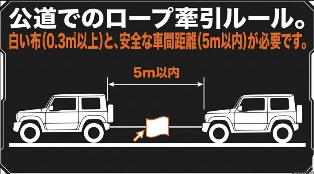 公道でロープ牽引する際に必要な白い布と、5メートル以内の安全な車間距離を示したスライド