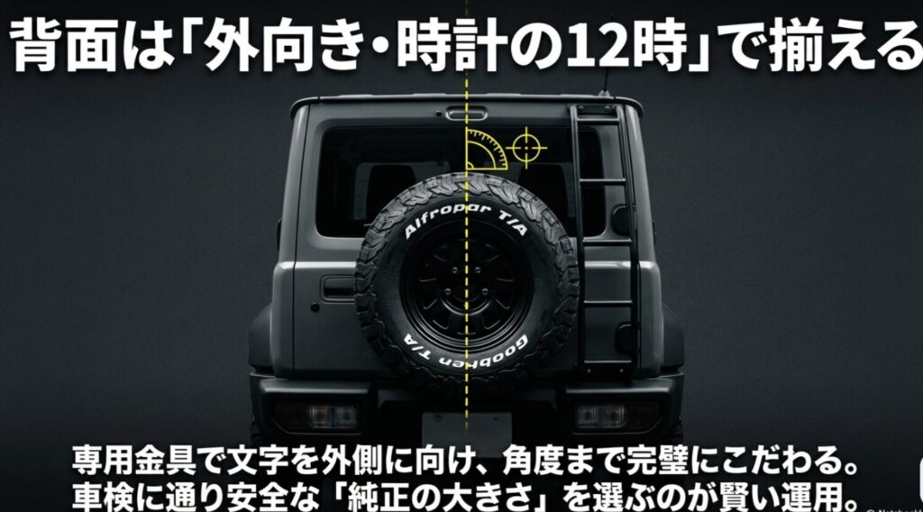 背面タイヤを外向きに装着し、文字の角度を時計の12時の位置に揃えるこだわりの解説画像