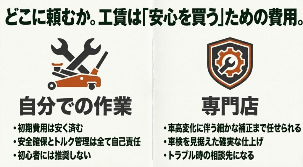 自分での作業と専門店への依頼を、費用・安全性・仕上がり・相談先の観点で比較したスライド