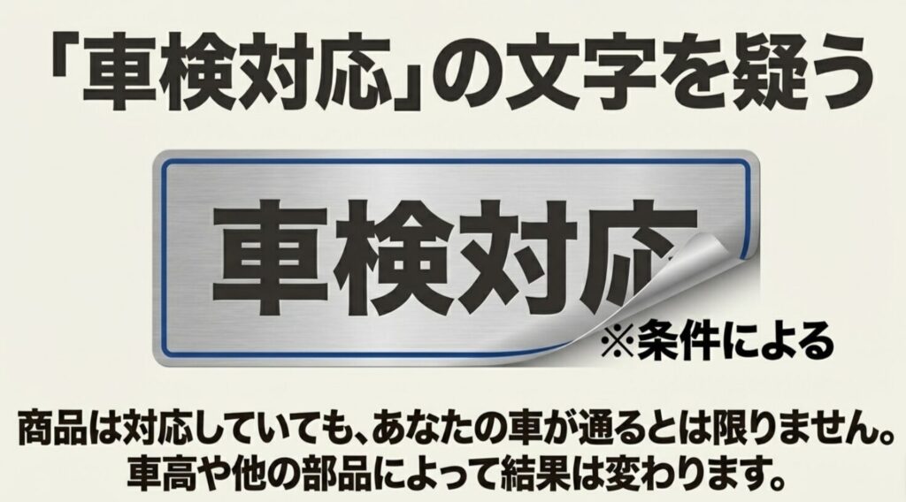 車検対応と表示された商品でも、車高や他パーツとの組み合わせ次第で実車では車検に通らないことがあると示した図
