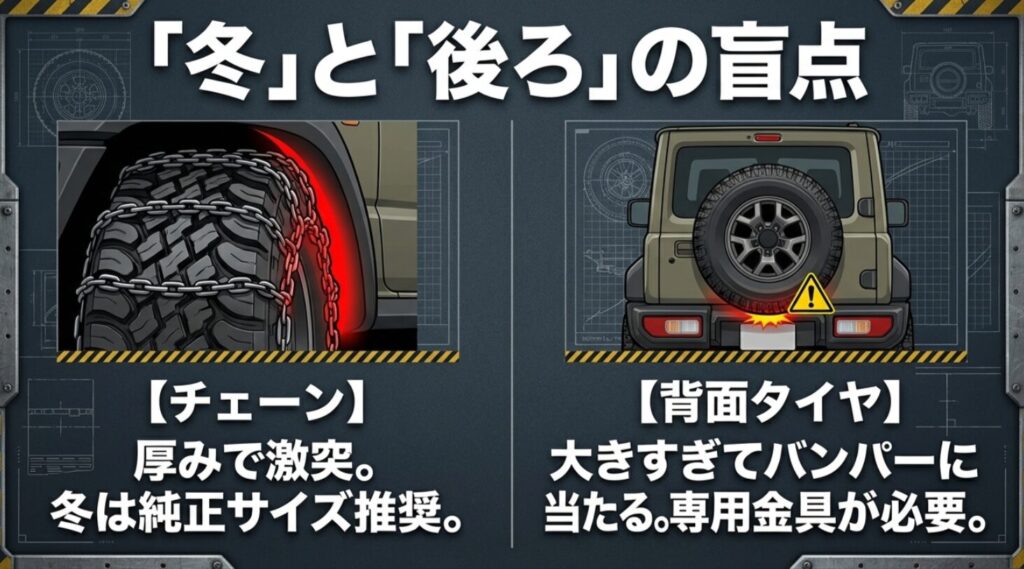 185/85R16ではチェーン装着時の厚みで干渉しやすく、背面タイヤも大きすぎるとバンパーへ接触しやすいことを示す図