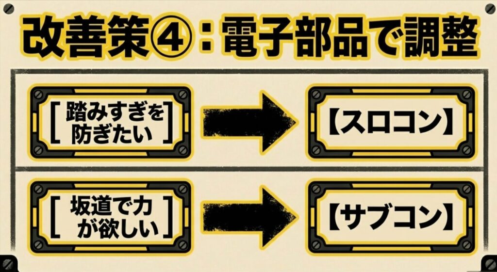 踏みすぎ対策にはスロコン、坂道や加速の力不足対策にはサブコンが向くことを示したスライド