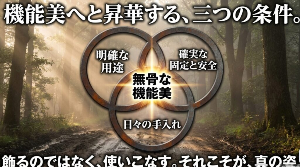 明確な用途、確実な固定と安全、日々の手入れの三要素が重なることで、背面スコップが無骨な機能美になると示した総括スライド