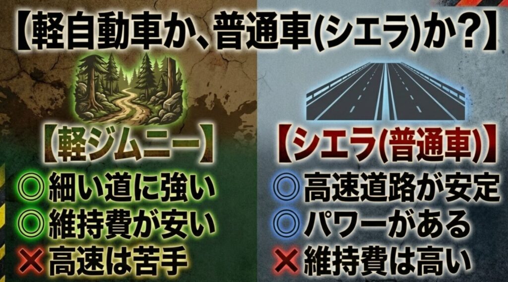 軽ジムニーJB64（細い道に強い・維持費安い・高速は苦手）とジムニーシエラJB74（高速道路が安定・パワーがある・維持費は高い）を比較したスライド画像