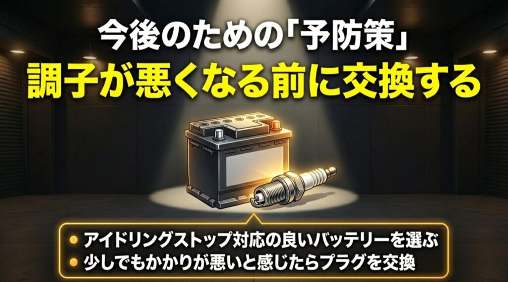 アイドリングストップ対応バッテリーの選定と、早めのスパークプラグ交換を勧める予防策の図