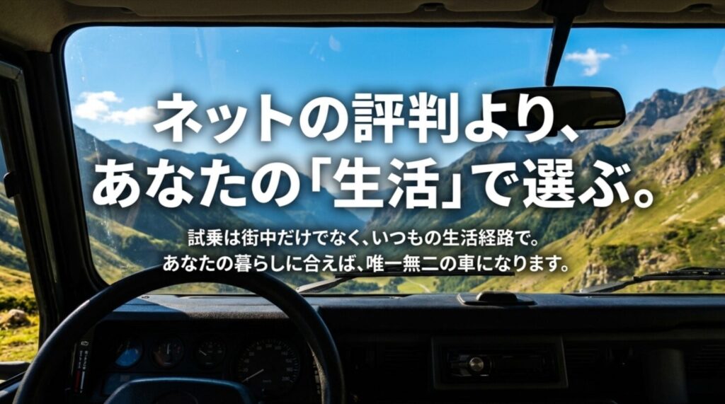ネットの評判ではなく自分の生活動線でデリカを選ぶべきだと訴える締めのスライド
