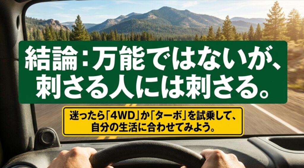 デリカミニは万能ではないが刺さる人には刺さるので、迷ったら4WDやターボを試乗して生活に合うか確認しようとまとめた結論スライド