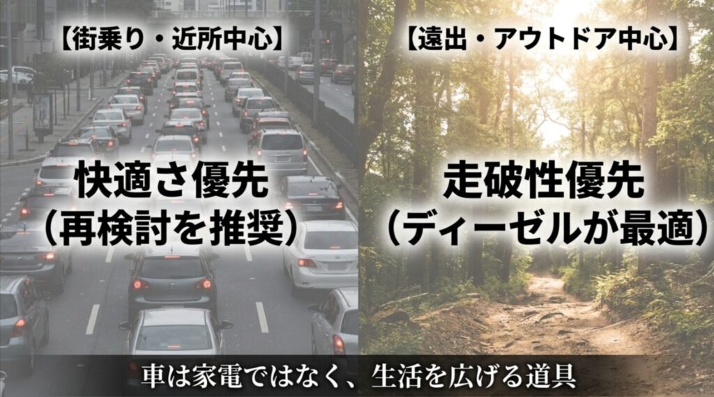 街乗り中心なら快適性優先で再検討、遠出やアウトドア中心ならディーゼルが最適と示す最終判断スライド