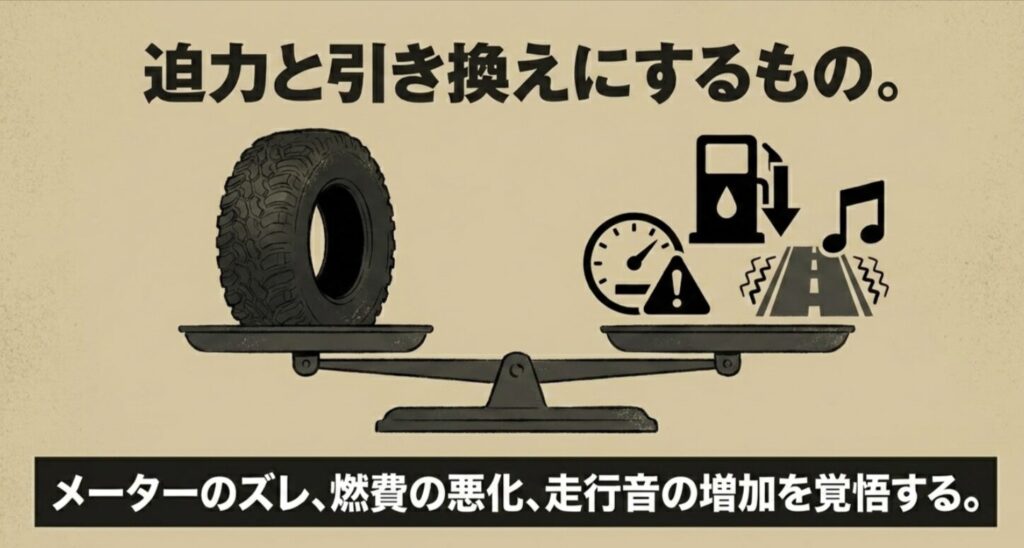 235/70R16装着で得られる迫力と引き換えに、メーター誤差、燃費悪化、走行音増加が起こりやすいことを示した図