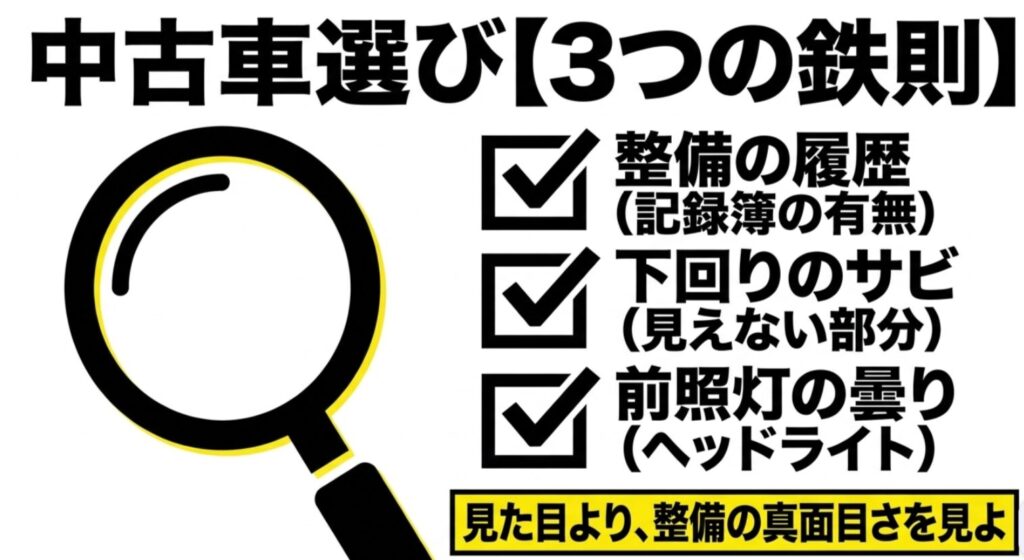 整備履歴、下回りのサビ、前照灯の曇りを中古車選びの要点として示した図