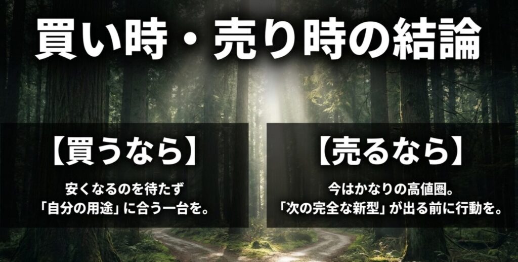 森の分岐路を背景に、買うなら用途重視、売るなら高値圏の今を意識する結論を示すスライド