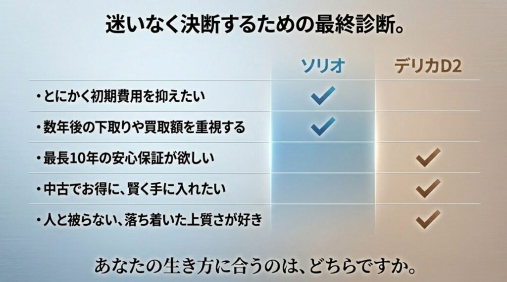 初期費用、下取り、長期保証、中古のお得感、希少性からソリオとデリカD2の向き不向きを整理した最終診断スライド