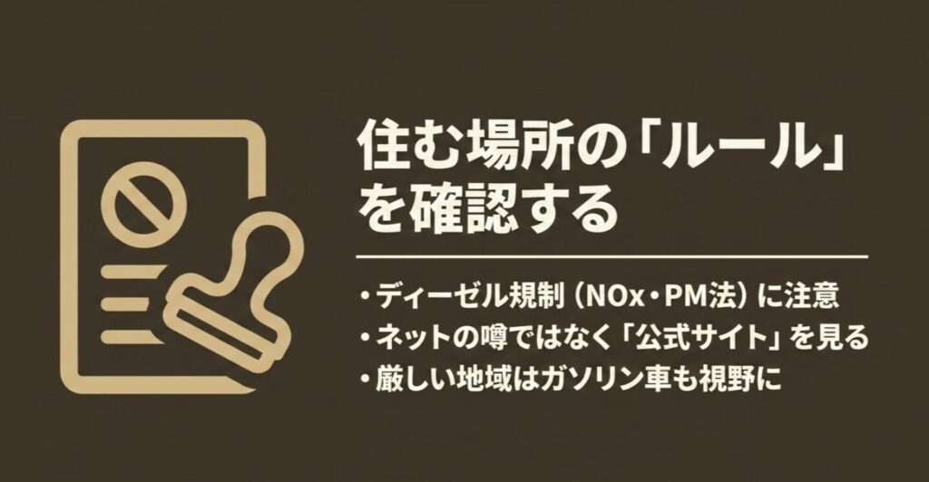 禁止マーク付き書類アイコンと、ディーゼル規制やNOx・PM法、公式情報確認の重要性を示すスライド