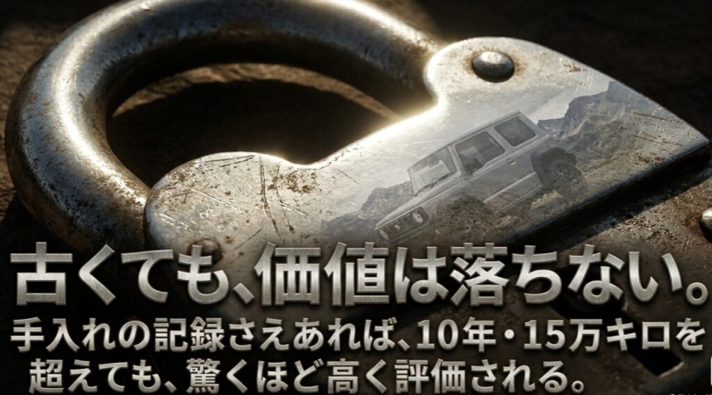 金属パーツの背景に、10年落ちや15万キロ超でも整備記録次第で高く評価されやすいことを表すスライド