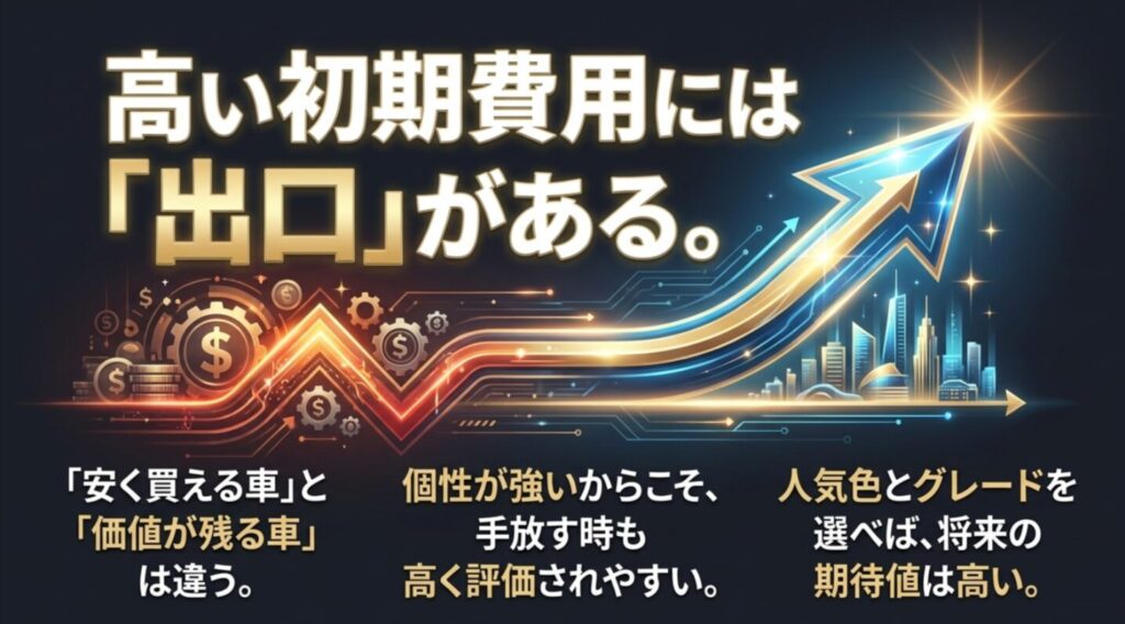 上昇する矢印を背景に、高い初期費用でもリセールという出口があることを示したスライド