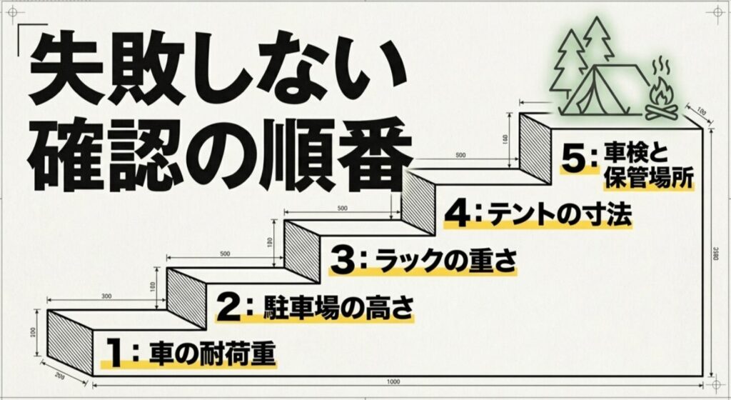 車の耐荷重、駐車場の高さ、ラックの重さ、テント寸法、車検と保管場所の順で確認する流れを示したスライド