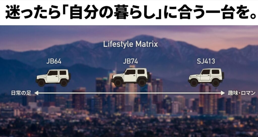 JB64、JB74、SJ413を日常の足から趣味やロマンまでの軸で整理した選び方マトリクスのスライド