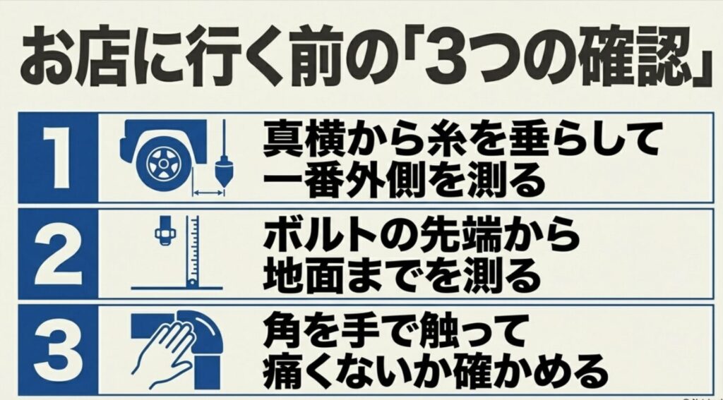 車検前に確認したいポイントとして、最外側の測定、ボルト先端から地面までの高さ確認、角を手で触って危険がないか確かめる手順を示した図