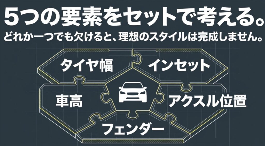 タイヤ幅とインセットと車高とアクスル位置とフェンダーの5要素を総合して判断する図