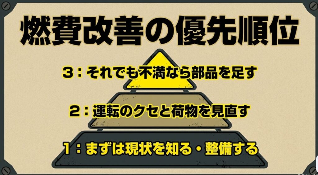 新型ジムニーの燃費改善は現状把握、運転と荷物の見直し、最後に部品追加の順が良いと示したスライド