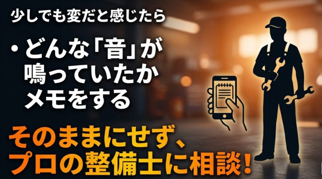 始動不良のときはどんな音が鳴ったかをメモし、そのままにせず整備工場へ相談することを勧める図