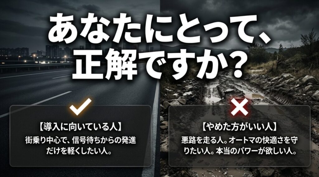舗装路と悪路を対比しながら、スロコンの導入に向いている人と、やめた方がいい人の違いを整理した判断用スライド