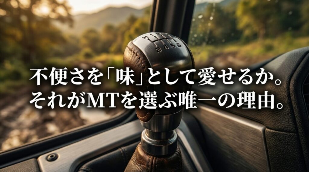 林道を背景にジムニーのシフトノブをクローズアップした写真。不便さを「味」として愛せるかどうかがMTを選ぶ唯一の理由であることを伝える画像