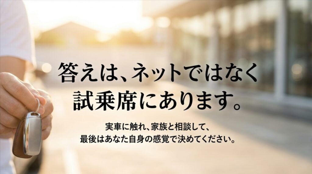 車のキーを持つ手元と、答えはネットではなく試乗席にあると伝える締めのスライド