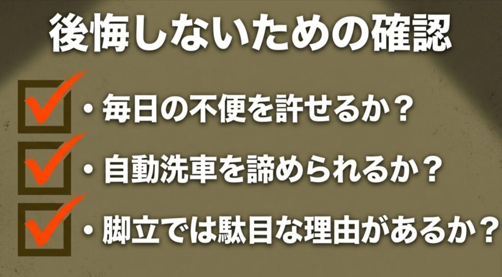 リアラダー装着前に確認したい不便さや代替可否をまとめたチェックリストスライド