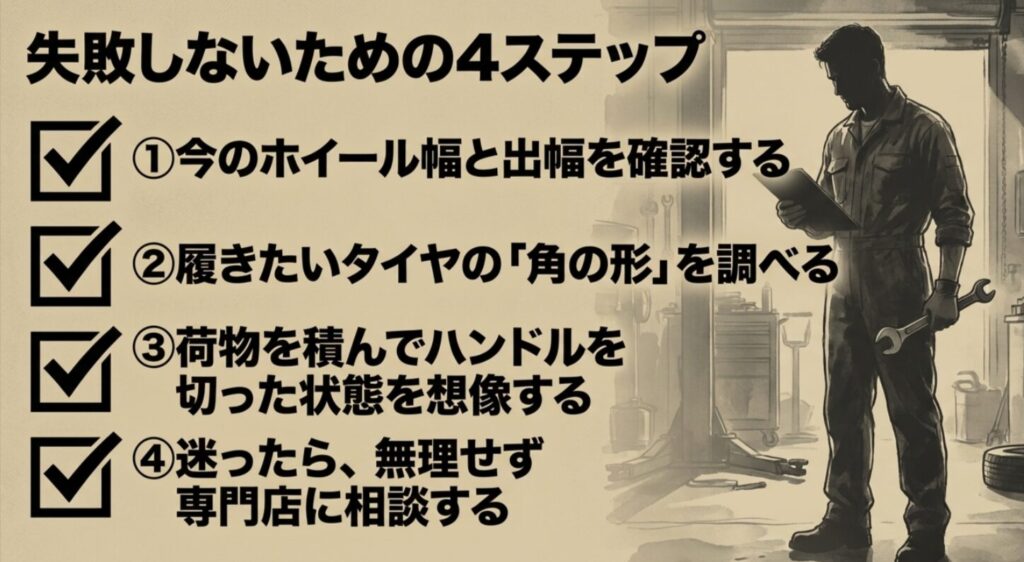 ホイール幅と出幅の確認、タイヤ形状の確認、積載時の想定、迷ったら専門店相談という4つの確認手順をまとめた図