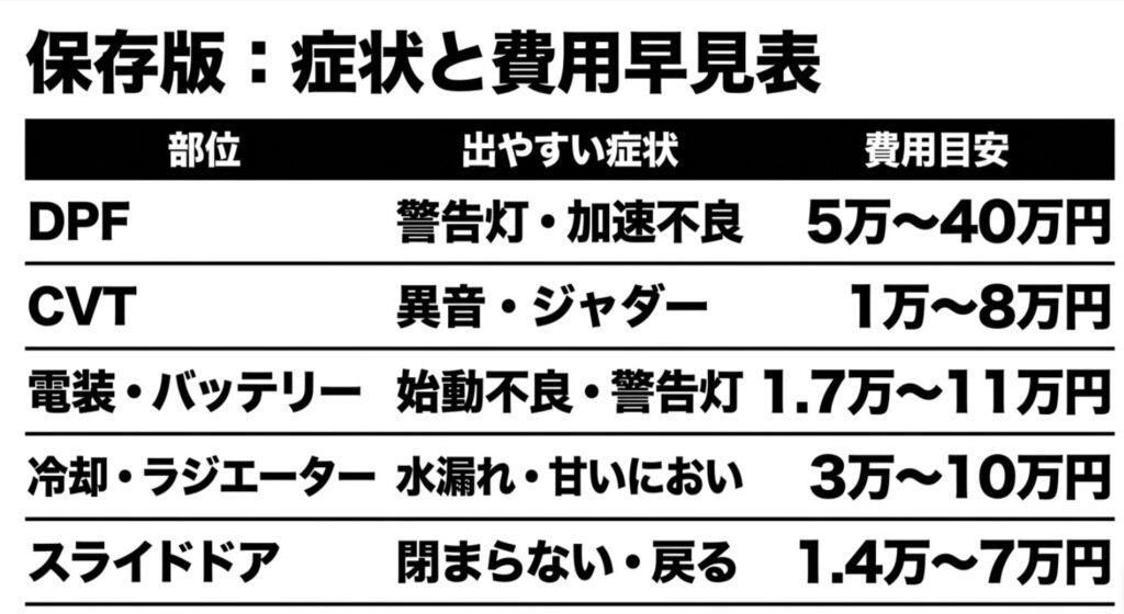 DPF、CVT、電装バッテリー、冷却ラジエーター、スライドドアの症状と費用目安の一覧表