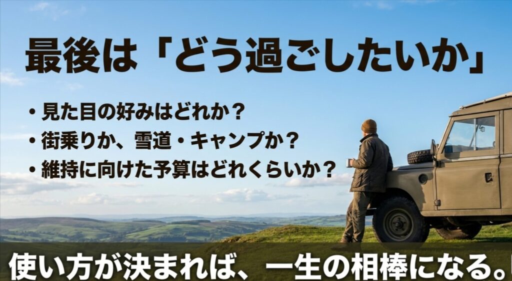 丘の上で旧型4WD車の横に立つ人物と、旧型デリカ選びは過ごし方で決めるという結論を示したスライド