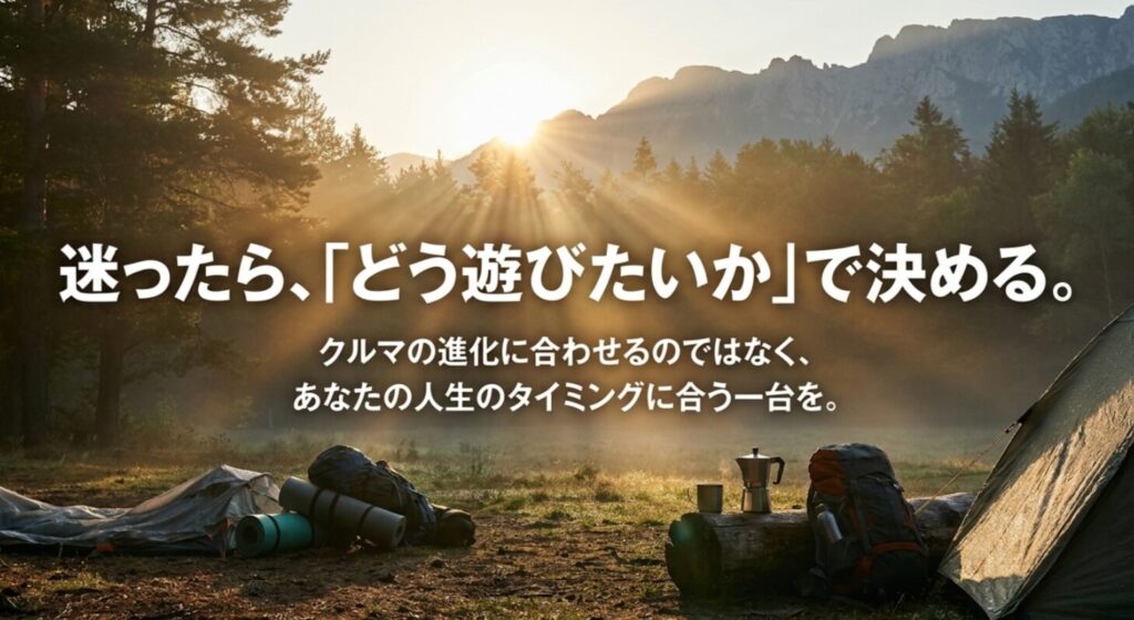迷ったらどう遊びたいかで決める、クルマの進化ではなく自分の人生のタイミングに合う一台を選ぶという結論スライド