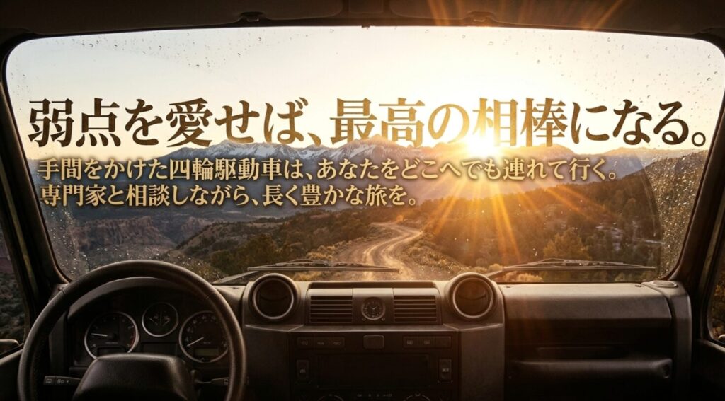車内から続く道を見渡す景色とともに、弱点を理解して手間をかければ長く付き合える相棒になることを伝える結論スライド