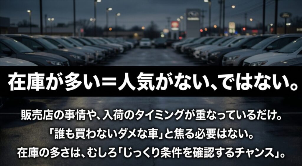 ラングラー4xeの在庫が多く見えても販売店事情や入荷タイミングの影響があると伝えるスライド