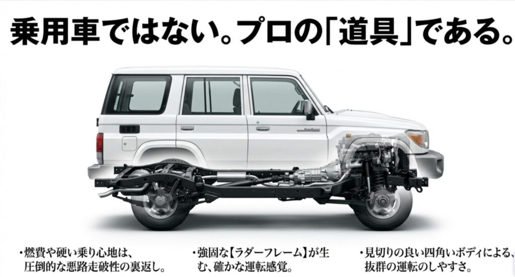 白いジムニーの硬めの乗り心地や燃費面の弱点が、ラダーフレームと悪路走破性を優先した構造に由来することを示したスライド